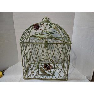 Vintage Green Metal Bird Cage Home Decor Flower Rose Accents
